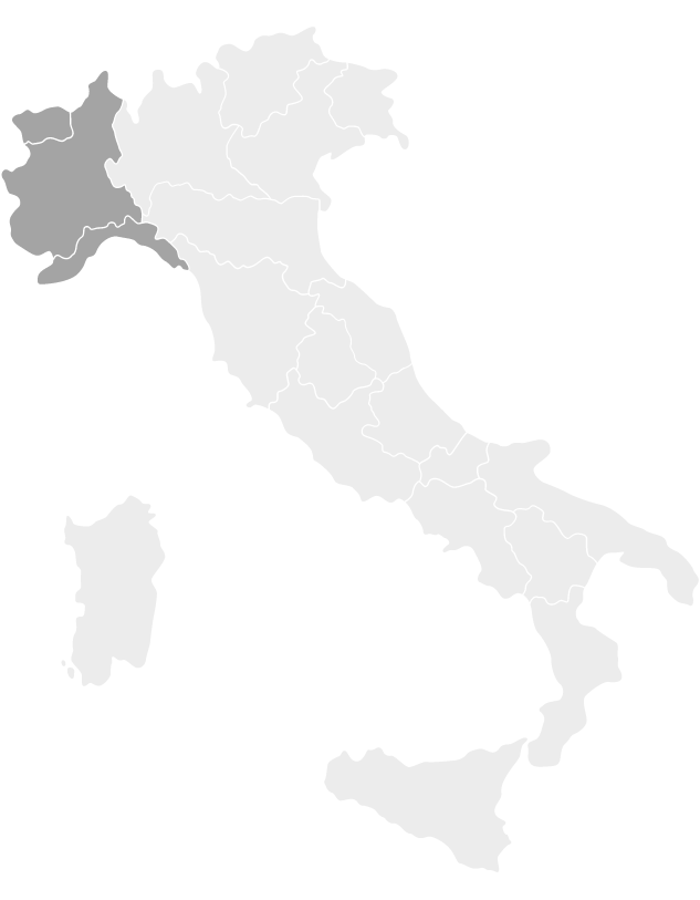 Kaart van Italië met de regio Piemonte gemarkeerd in het donkergrijs.
