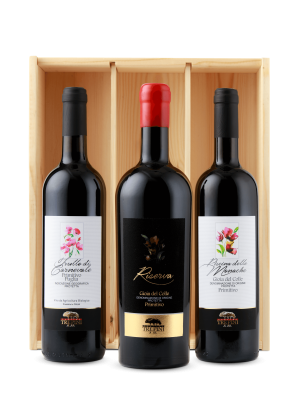 Wijngeschenk | Tre Pini | Primitivo proeverij | 3 flessen in kist
