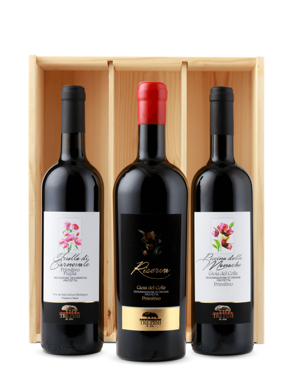 Wijngeschenk | Tre Pini | Primitivo proeverij | 3 flessen in kist