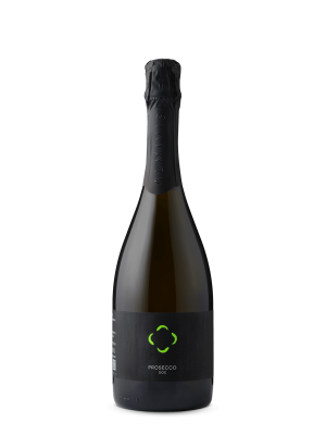 Een fles Almivisi Prosecco DOC met een strak zwart etiket en een zwarte capsule, rechtopstaand tegen een neutrale achtergrond.