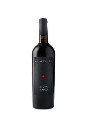 Fles Punto Rosso rode wijn van Almivisi met minimalistisch zwart etiket en rode stip.​