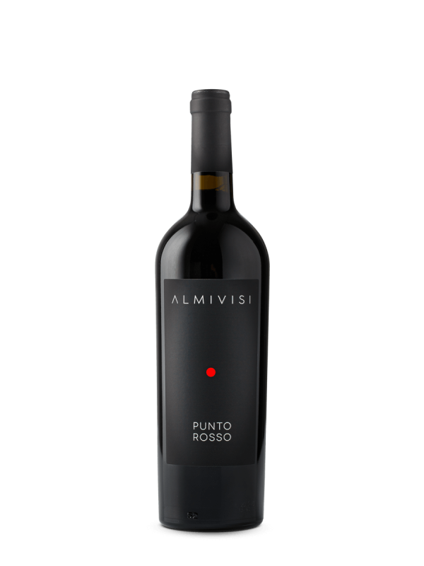 Fles Punto Rosso rode wijn van Almivisi met minimalistisch zwart etiket en rode stip.​