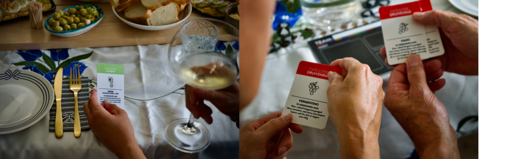 Het Wijnspel wordt gespeeld met een de kaarten en een glaswijn. Deelnemers overleggen welk kaartje het antwoord is.